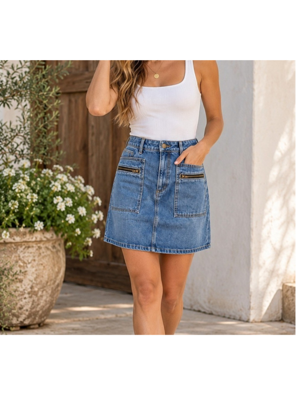 LOFT Women's Blue Denim Skirt Size 4 Short Casual Cotton Lyocell Zip Pockets